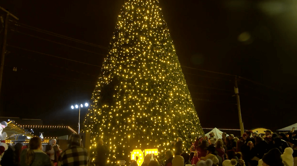 JoyFest 54-foot Christmas tree with lights shining bright